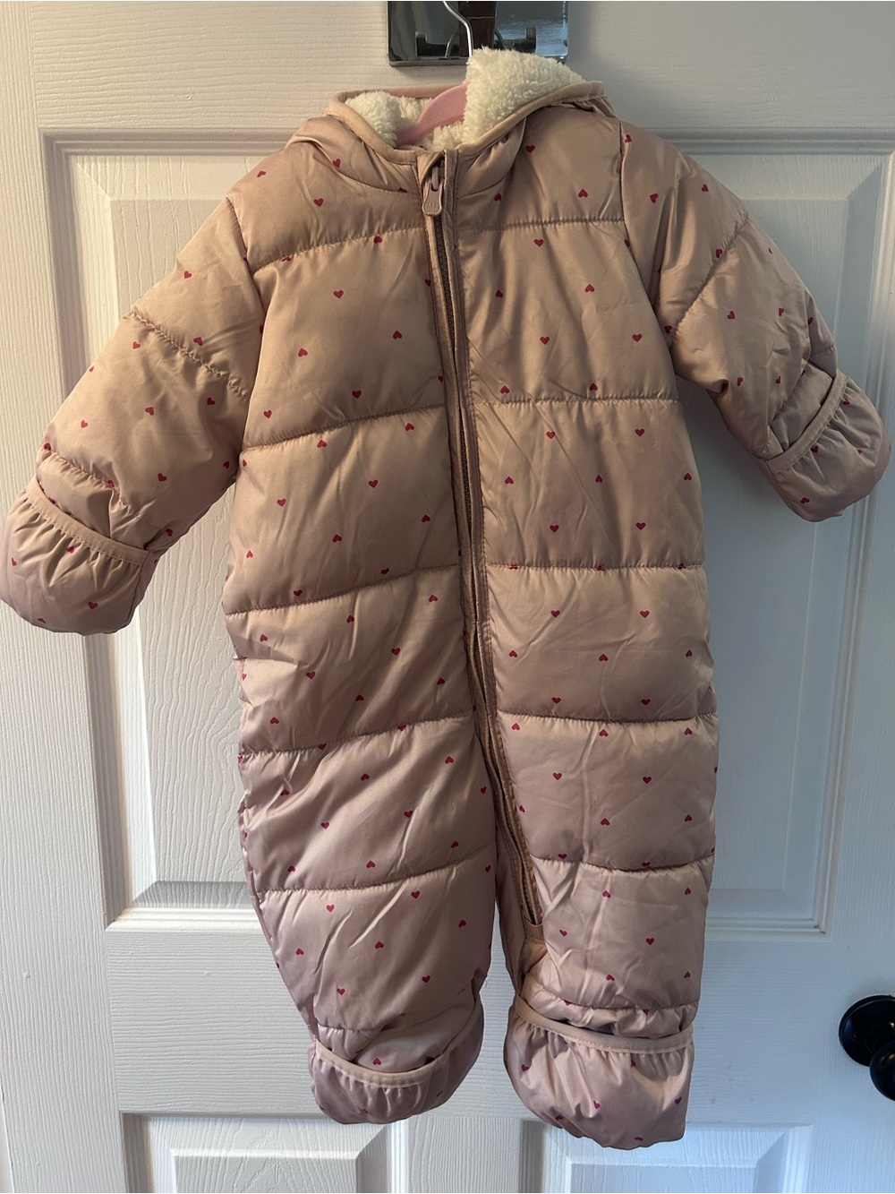 GAP Baby Pink Heart-Print Puffer Snowsuit with Sherpa Lining